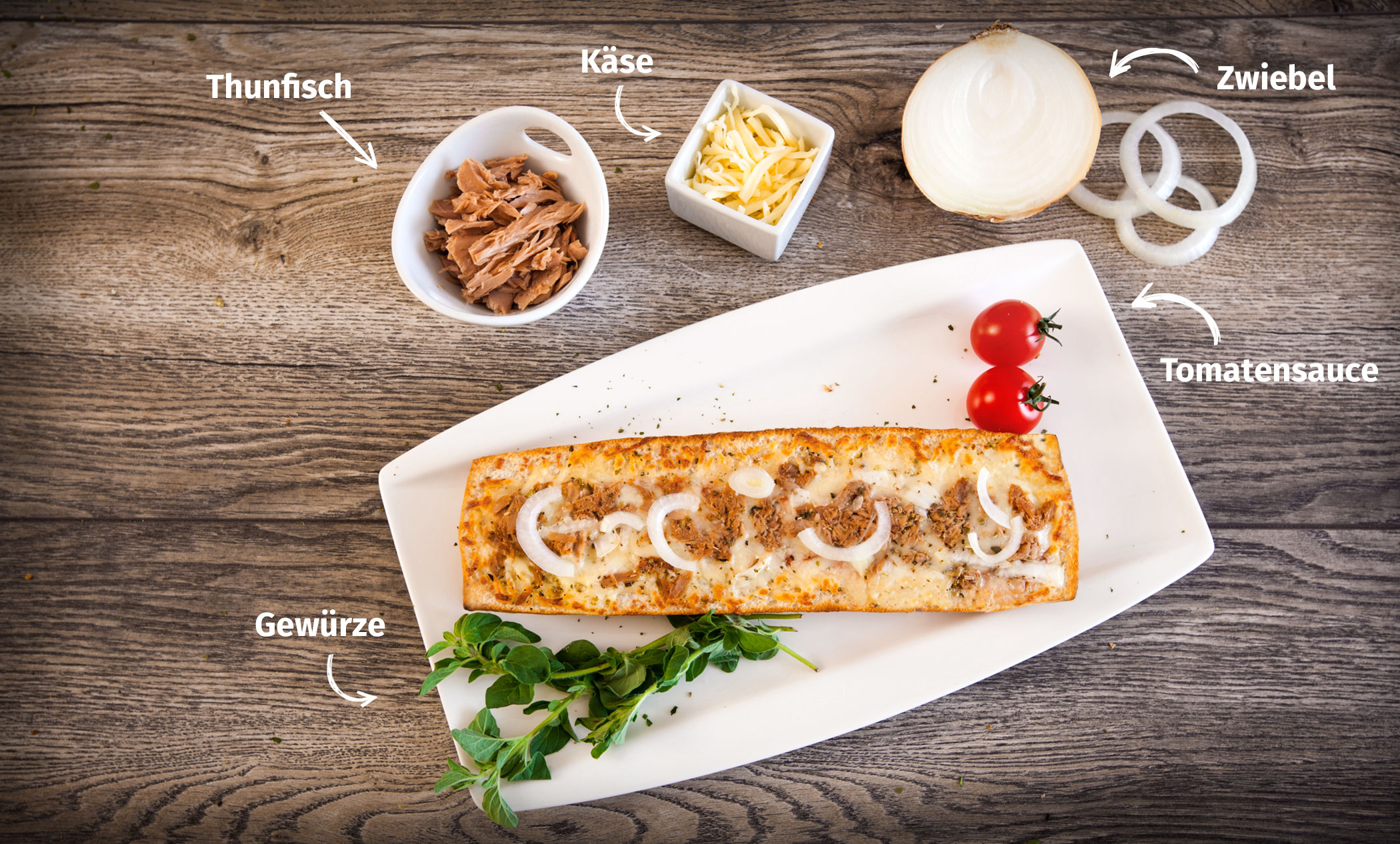 Original Franzesco Baguette Thunfisch belegt mit Tomatensauce, Zwiebel, Käse, Thunfisch und Gewürzen