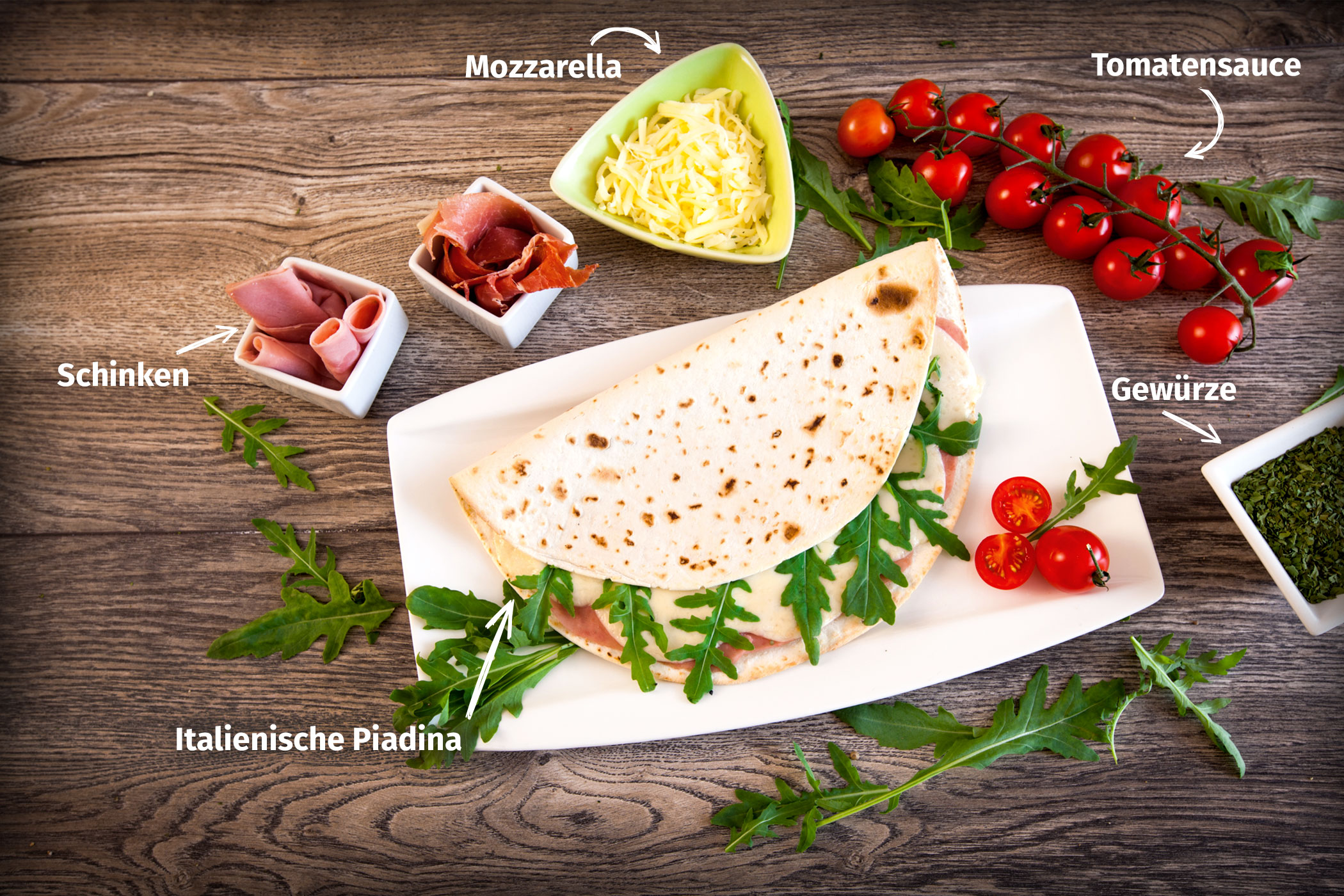 Original Franzesco Piadina Prosciutto gefüllt mit Tomatensauce, Mozzarella und Schinken